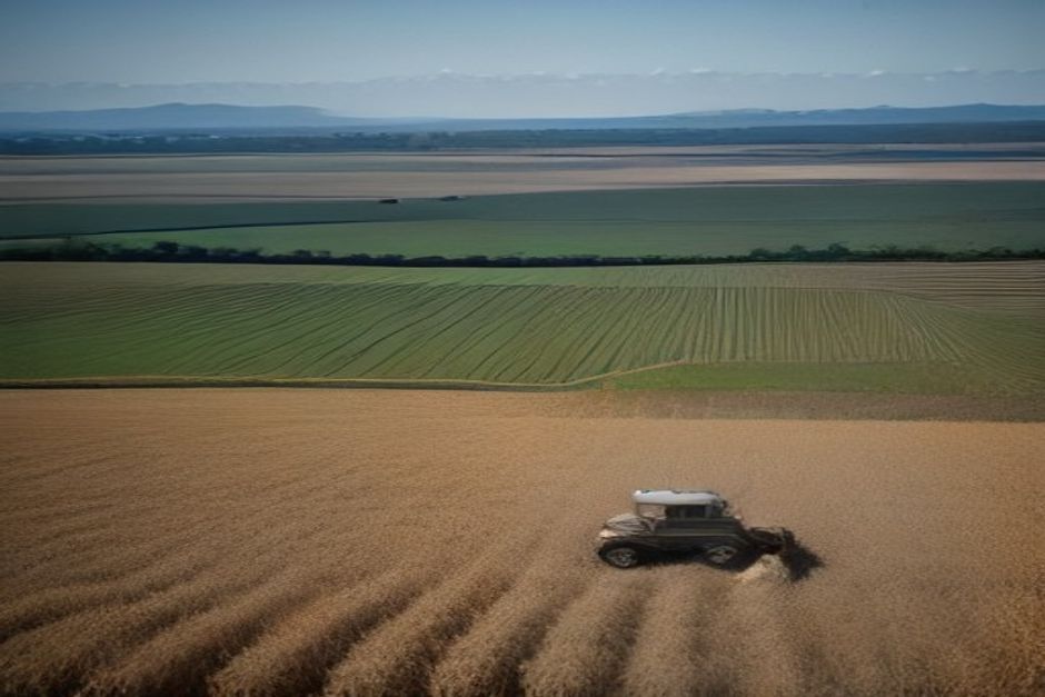 Un tractor trabajando en un campo de soja en la provincia de Buenos Aires