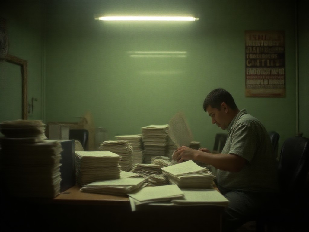 Funcionario municipal revisando contratos en una oficina con luz fluorescente y poster de meritocracia al fondo