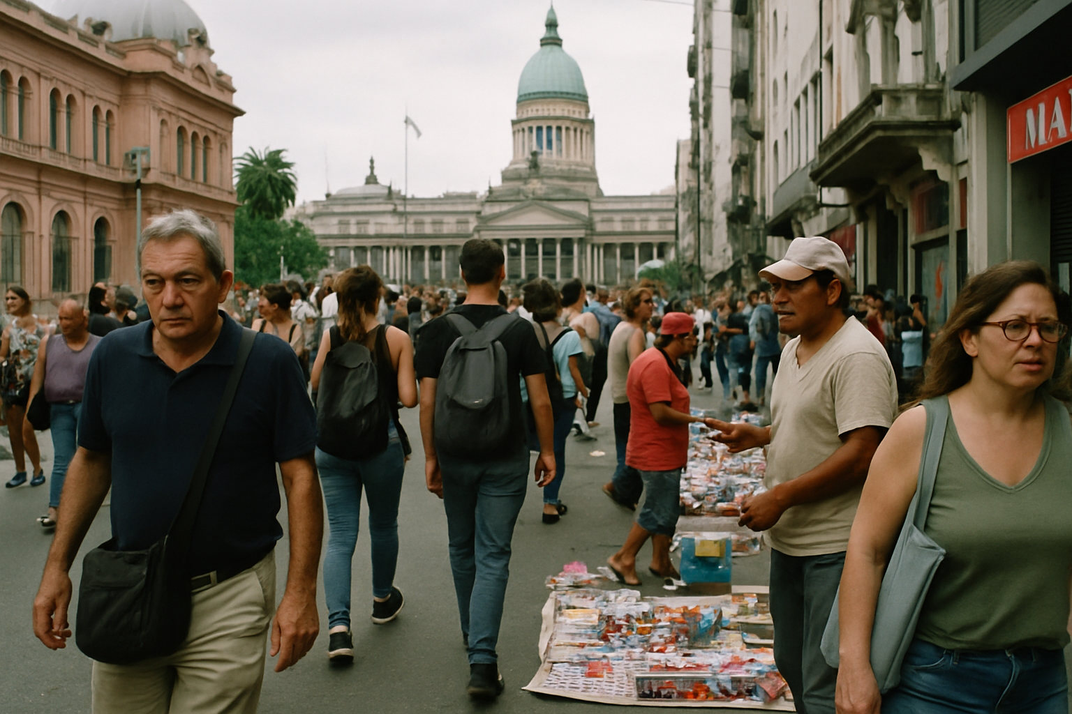 Gente en una calle de Buenos Aires con vendedores ambulantes y edificios gubernamentales.