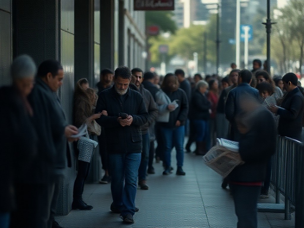 Fila de personas frente al Banco Central revisando cotizaciones del dólar en la calle