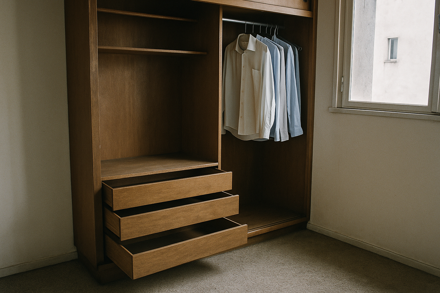 Vestidor de madera abierto con cajones vacíos en un departamento porteño con luz de tarde