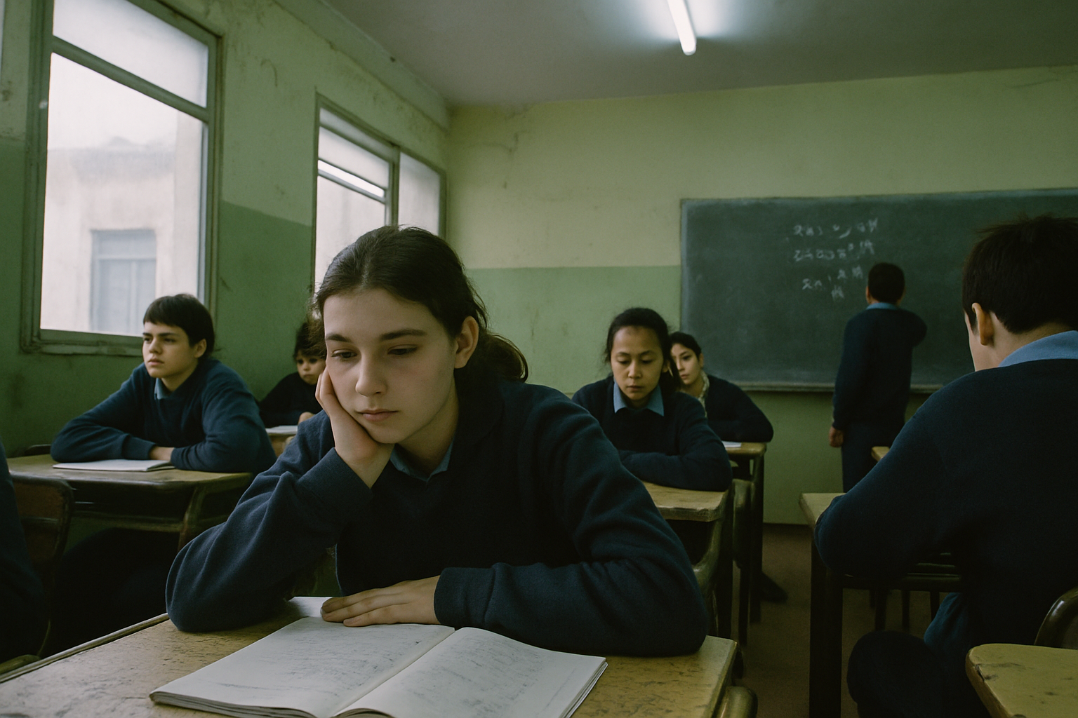 Estudiantes secundarios leen en pupitres de un aula porteña con luz natural