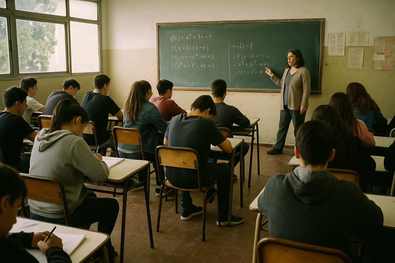 Alumnos de secundaria toman notas en un aula con pizarrón lleno de ecuaciones y luz natural