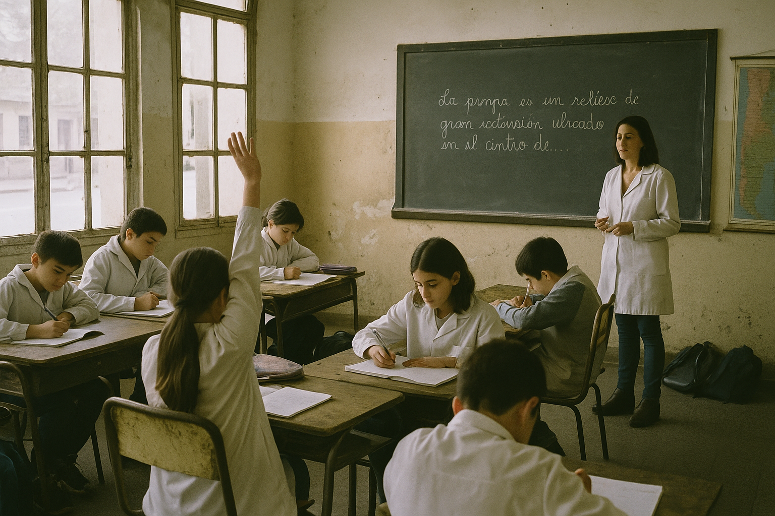 Estudiantes de secundaria atienden una clase en un aula porteña con pupitres de madera