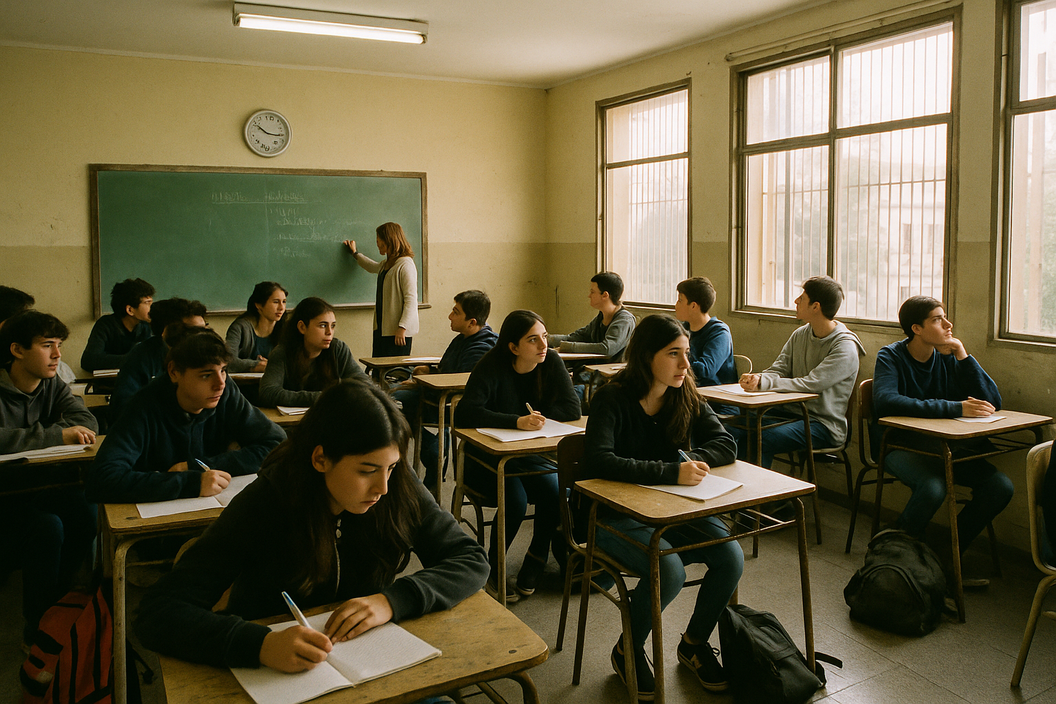 Alumnos adolescentes tomando notas en un aula de escuela secundaria pública argentina durante una clase.