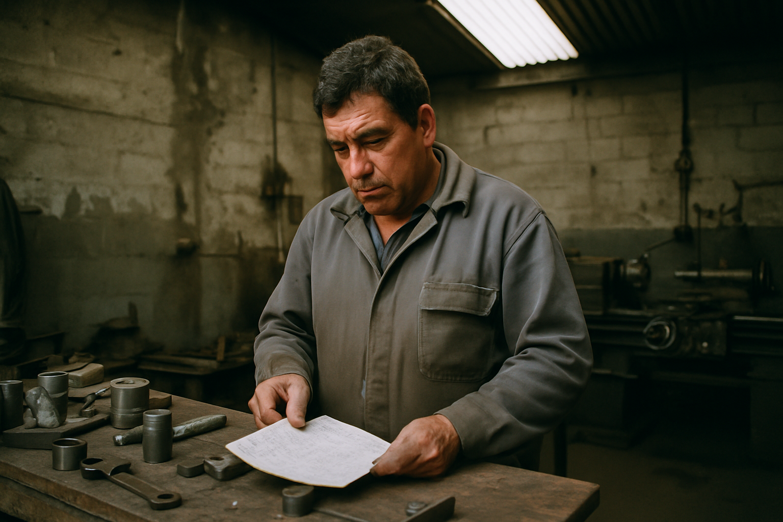 Hombre revisa planilla de pedidos en taller metalúrgico con herramientas sobre mesada