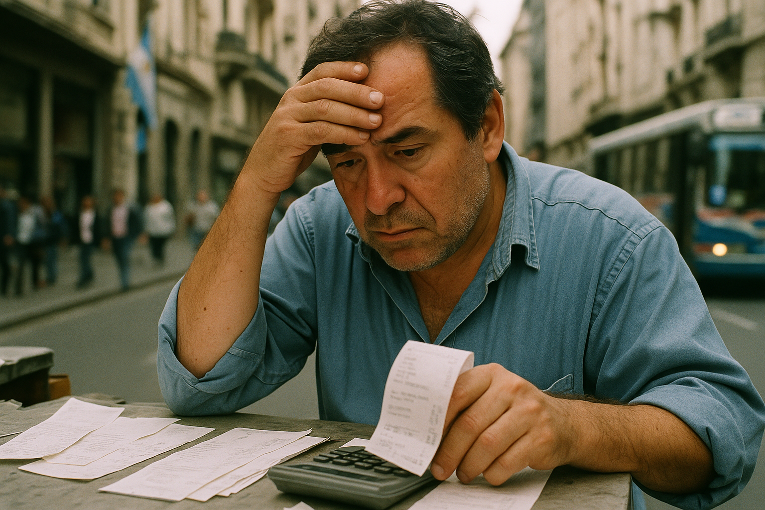 Un vendedor ambulante revisa facturas en una calle de Buenos Aires