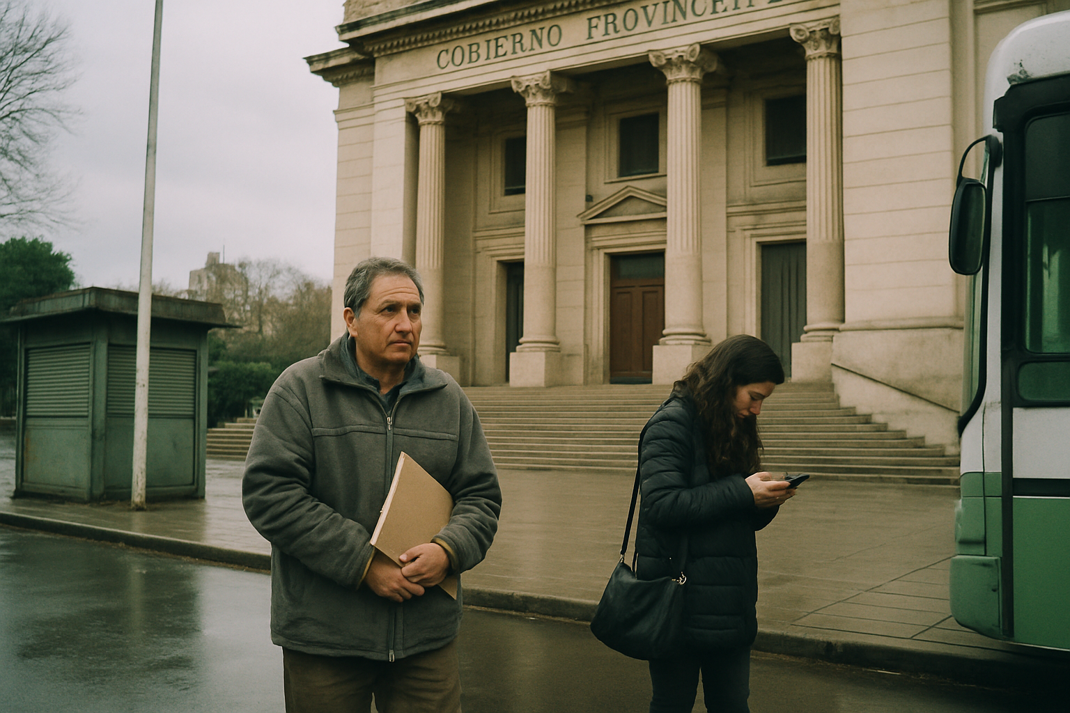 Fachada de edificio de gobierno provincial en La Plata con empleados saliendo al final del día
