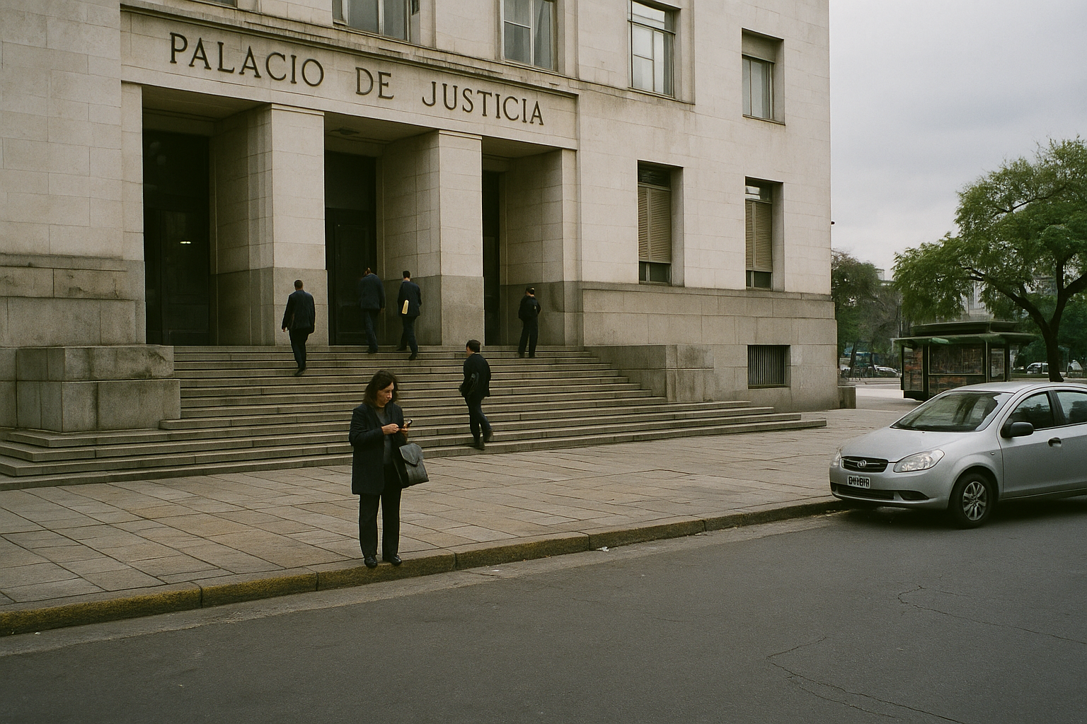 Abogados suben la escalinata de los tribunales federales de Comodoro Py en una mañana nublada