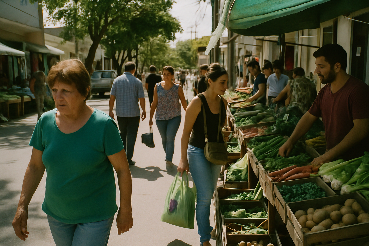 Calle de Marcos Juárez con vendedores y personas transitando en un día soleado.