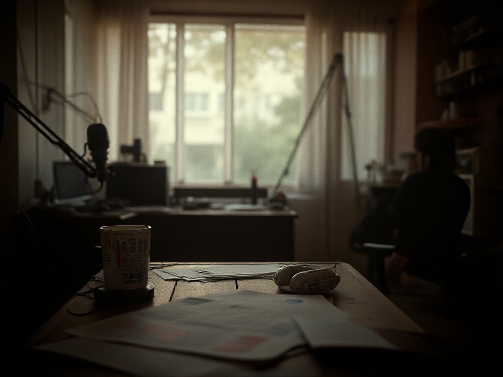 Estudio de radio vacío con micrófono, auriculares y mate sobre el escritorio de trabajo.