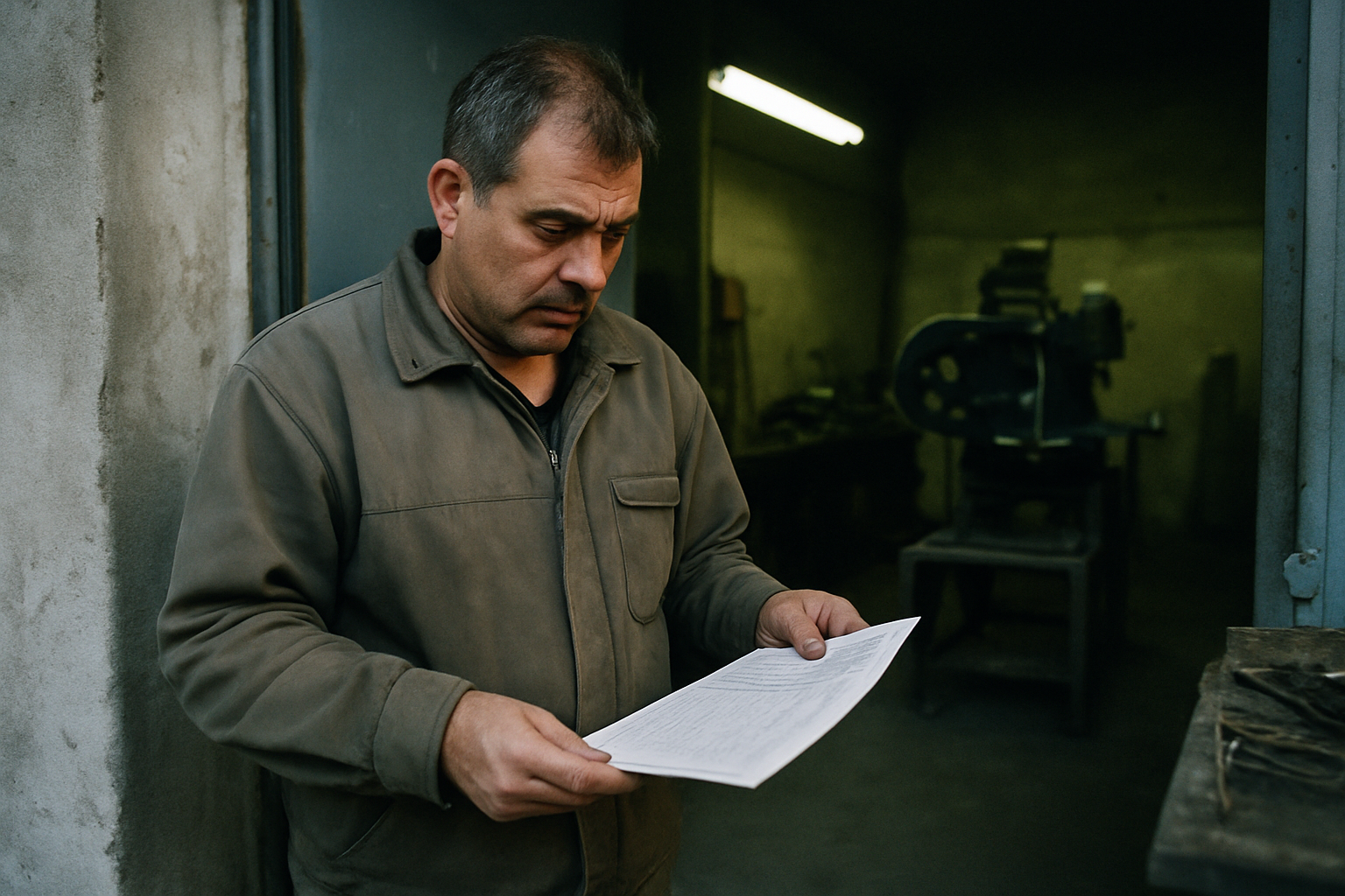 Empresario observa planillas de producción frente a maquinaria industrial en galpón vacío.
