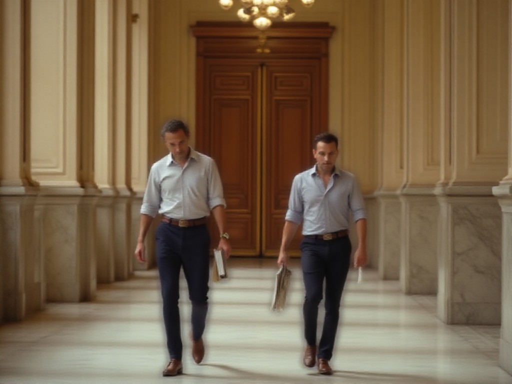Dos empleados legislativos caminan por un pasillo de mármol del Congreso Nacional con carpetas en la mano