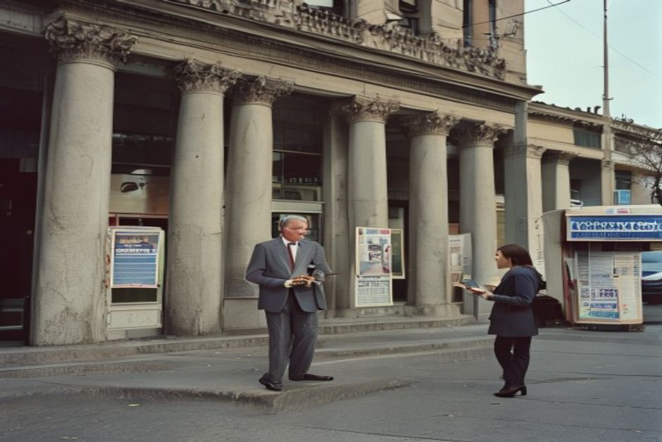 Hombre lee el diario en el hall de la Bolsa de Comercio de Buenos Aires con luz natural