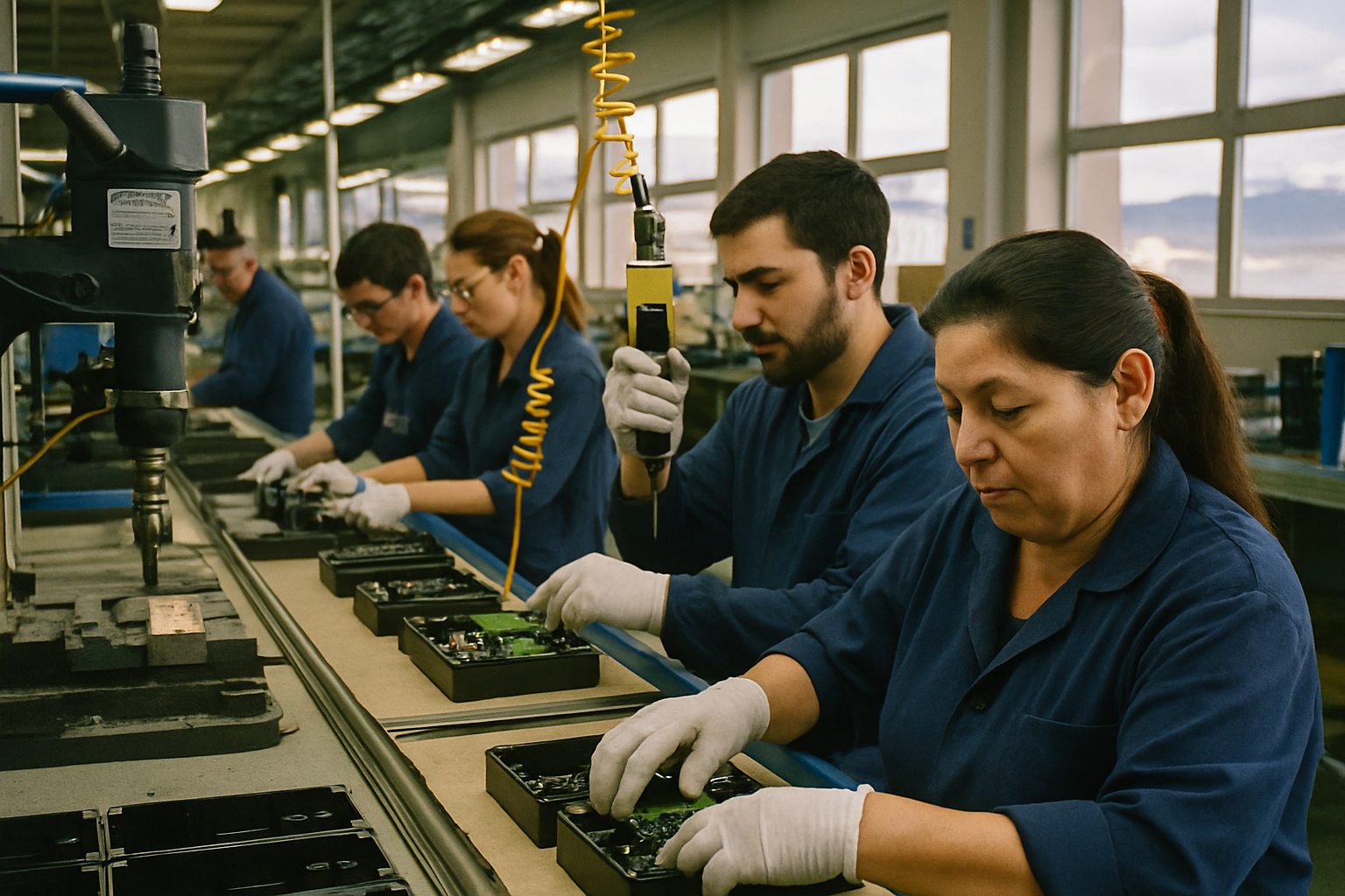 Trabajadores en una fábrica de electrónica en Tierra del Fuego durante su jornada laboral.