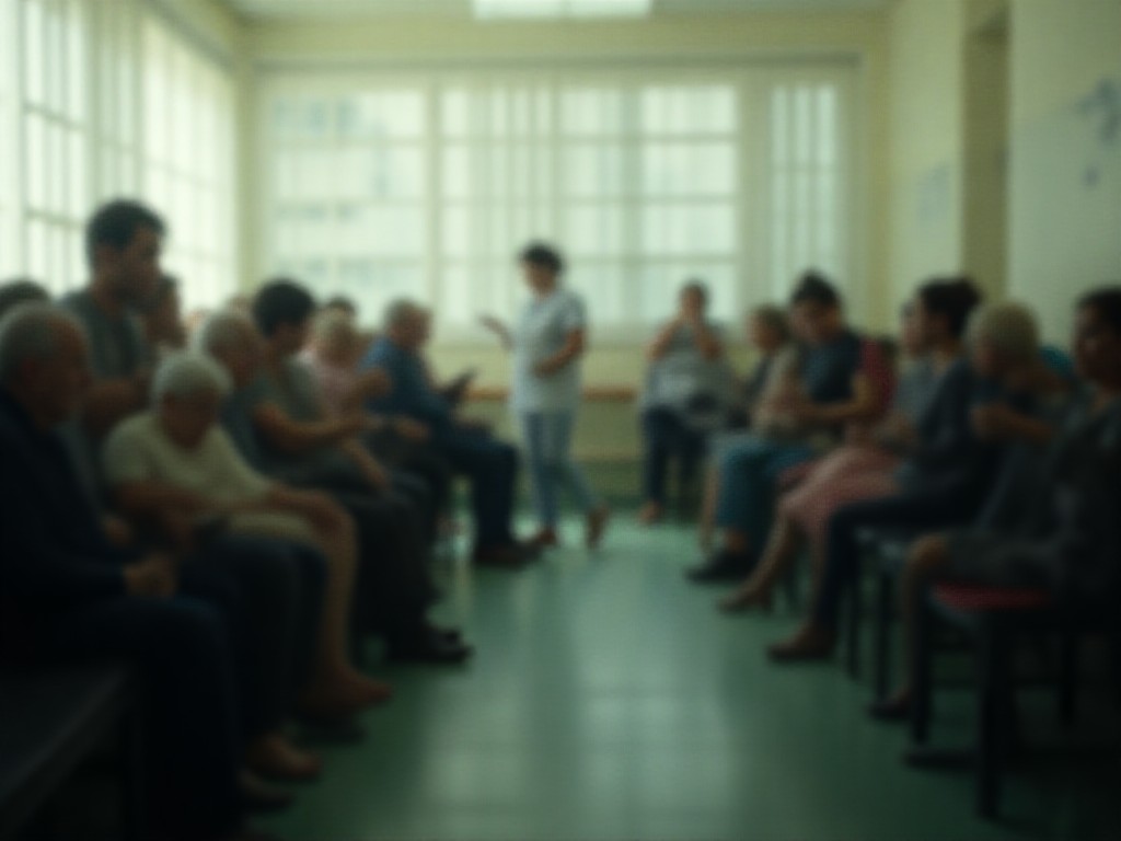 Sala de espera de hospital público porteño con pacientes sentados bajo luz natural de mañana