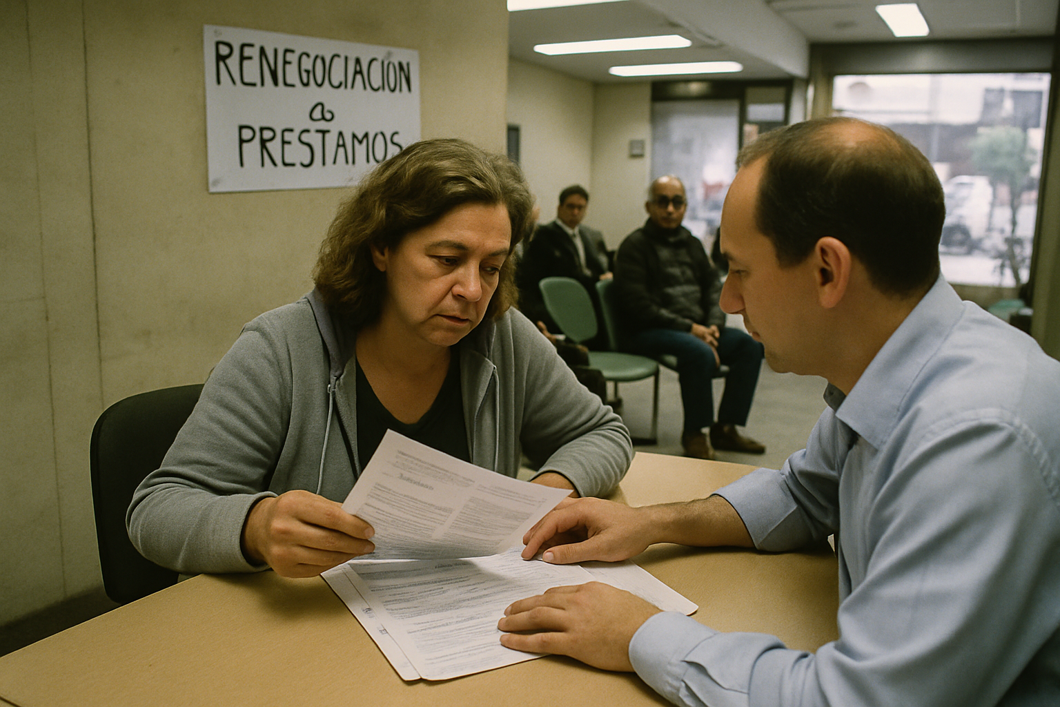 Familia revisa papeles y facturas acumuladas sobre una mesa de comedor